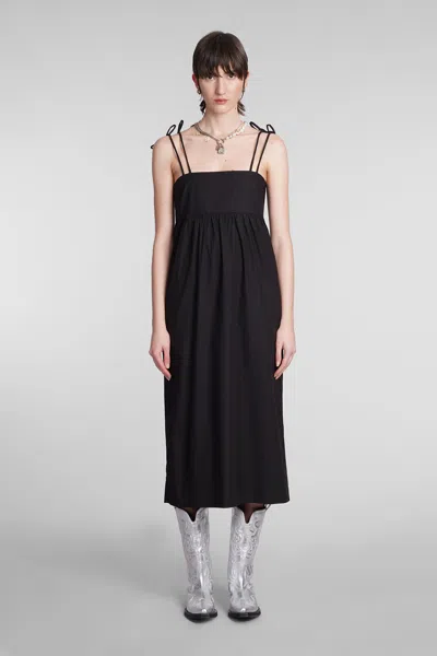 Ganni Midi Poplin String Dress Woman Black In Cotton