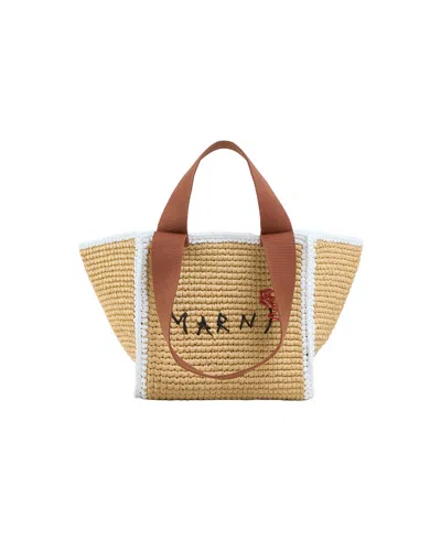 Marni Sillo Medium Webbing-trimmed Embroidered Raffia Tote Bag In Brown