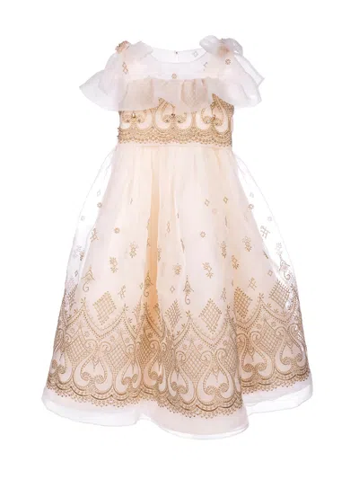 Marchesa Kids' Embroidered Organza Gown In Gold