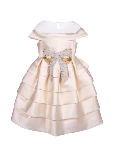 Marchesa Kids' Pearl Detail Shantung Dress In Beige