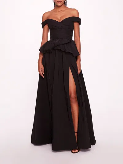 Marchesa Peplum Taffeta Gown In Black