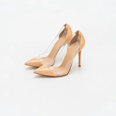 Pre-owned Gianvito Rossi Beige Patent Leather And Pvc Plexi Pointed-toe Pumps Size 37