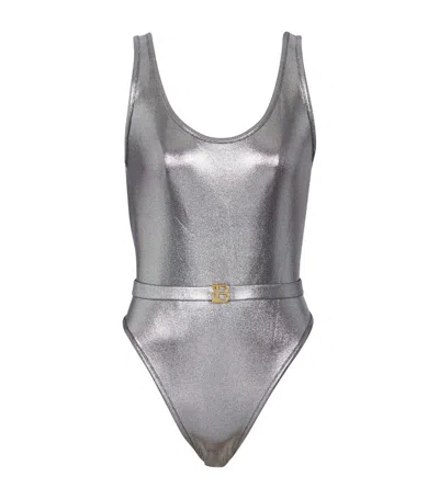 Balmain Belted Metallic-finish Swimsuit In Silver