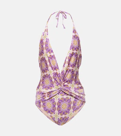 Adriana Degreas Exotic Coral Printed Halterneck Swimsuit In Purple