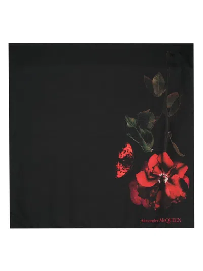 Alexander Mcqueen Rose-print Silk Scarf In Black
