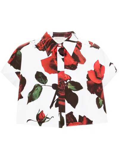 Alexander Mcqueen Rose-print Cotton Cropped Shirt In White