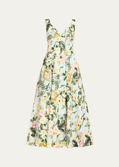 Cara Cara Naples Pleated Floral Silk Sleeveless Midi Dress In Light Blue Kingst