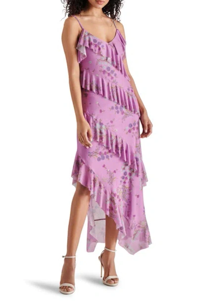 Steve Madden Aida Floral Print Ruffle Sleeveless Asymmetric Midi Dress In Purple