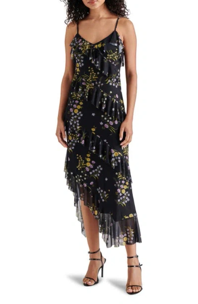 Steve Madden Aida Floral Print Asymmetric Midi Dress In Black