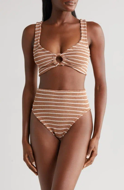 Hunza G Nadine Striped Metallic Seersucker Bikini In Metallic Cocoa/ White