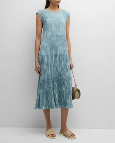 Eileen Fisher Tiered A-line Crinkled Silk Midi Dress In Seafoam