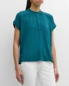 Eileen Fisher Band-collar Ruched Jersey Henley Top In Aegean