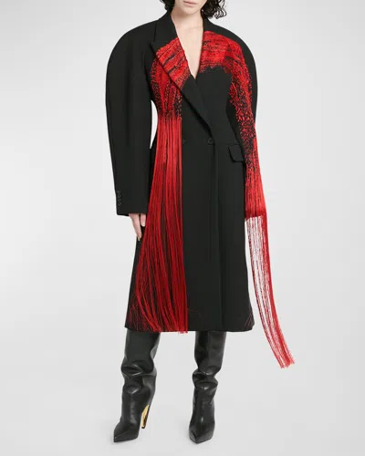 Alexander Mcqueen Brushstroke Embroidered Fringe Double-breasted Long Coat In Black