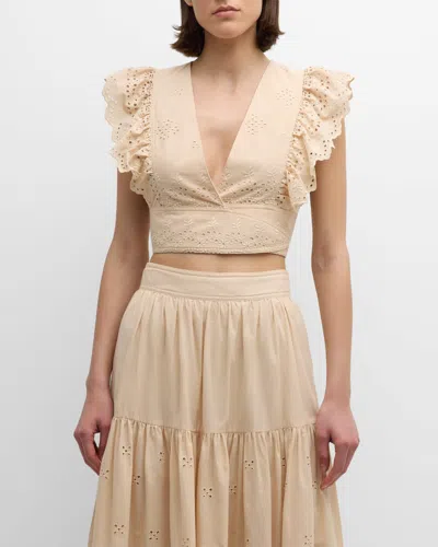 Vanessa Bruno Aya Cropped Eyelet-embroidered Ruffle Wrap Top In Beige