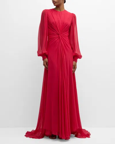 Monique Lhuillier Twisted Long-sleeve Silk Gown In Pomgegranate