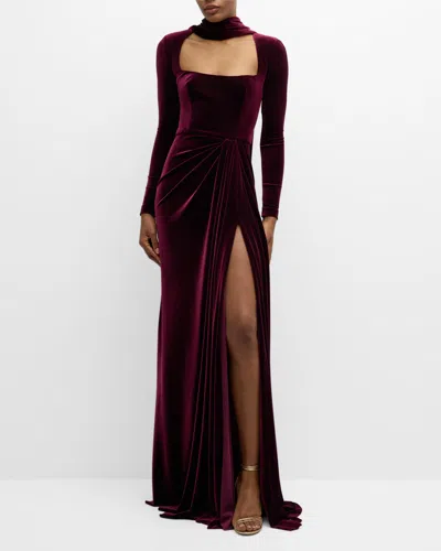 Monique Lhuillier Square-neck Long-sleeve Velvet Scarf Gown In Merlot