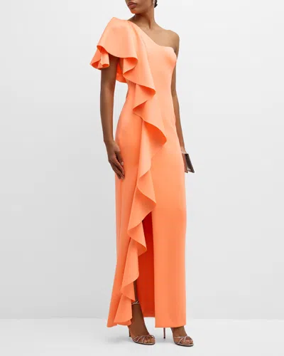 Black Halo Percy One-shoulder Ruffle Column Gown In Neon Apricot