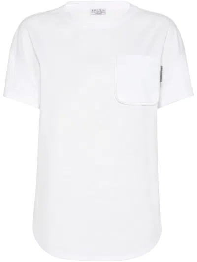 Brunello Cucinelli Shiny Tab Cotton T-shirt In White