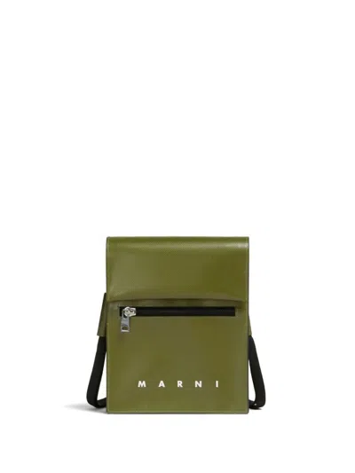 Marni Logo Leather Pouch On Strap In Gray