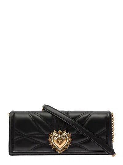 Dolce & Gabbana 'devotion' Black Shoulder Bag With Jewel Heart Detail In Matelassé Leather Woman