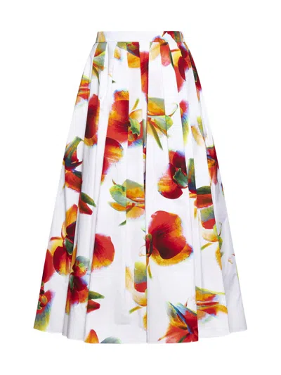 Alexander Mcqueen Floral Printed Flared Skirt In White