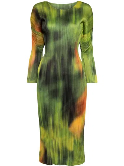 Issey Miyake Pleats Please  Printed Pleated Midi Dress In Green