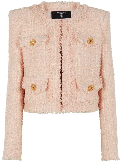 Balmain Collarless Tweed Jacket In Light Pink