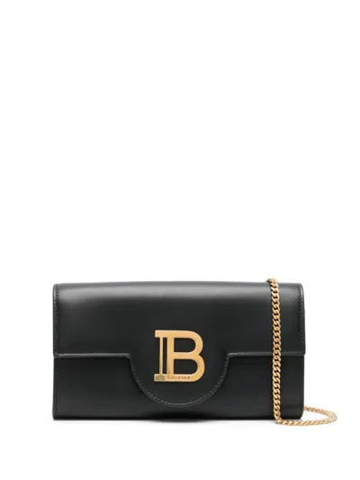 Balmain Smooth Leather Wallet Bag With Golden Hardware In Black