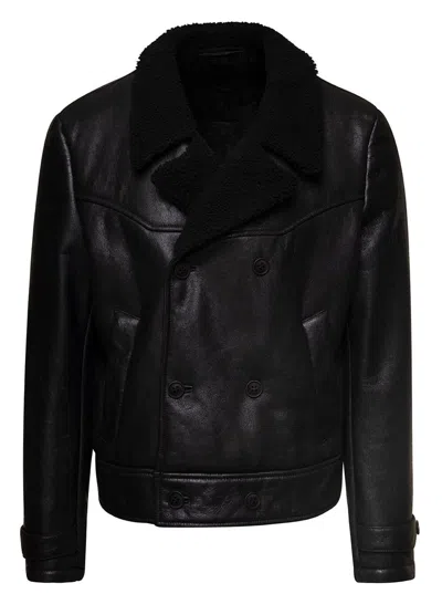 Salvatore Santoro Black Jacket With Shearling Revers And Logo Detail In Leather Man