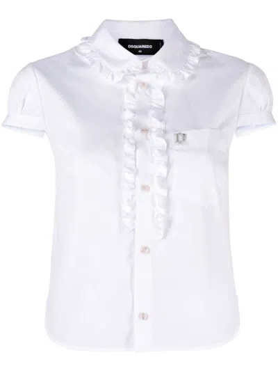 Dsquared2 Little Ruffled Cotton Shirt In Blanco