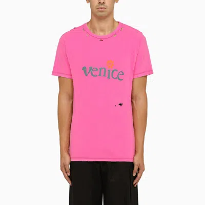 Erl Crew-neck T-shirt With Wears In Pink