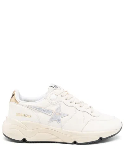 Golden Goose Running Sole Leather Sneakers In White/silver/gold