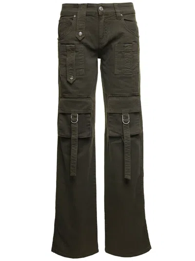 Blumarine Military Green Cargo Jeans With Buckles And Branded Button In Stretch Cotton Denim Woman In Black