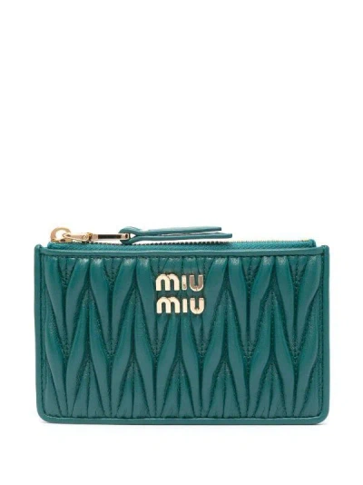 Miu Miu Logo-plaque Matelassé Leather Wallet In Verde