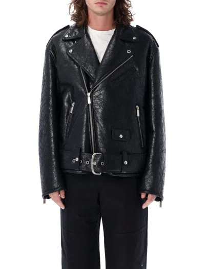 Off-white Crinkled Leather Biker Jacket In Black