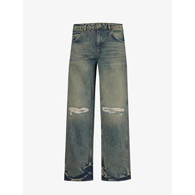 Represent Mens Blue Cream R3 Distressed Wide-leg Jeans