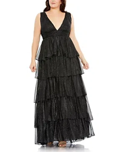 Mac Duggal Ruffle Tiered Sleeveless V Neck Gown In Black Silver