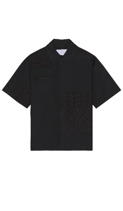 Jungles Eyelet Short Sleeve Cotton Button-up Shirt In Black