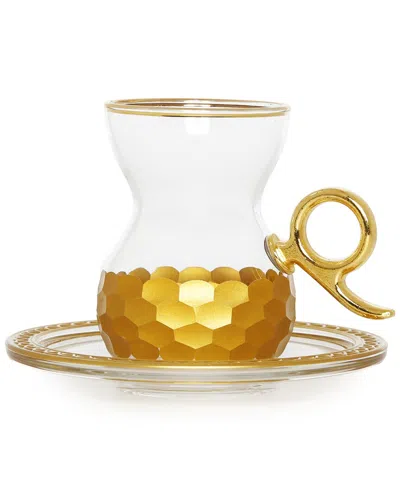 Alice Pazkus Set Of 6 3.1in Tea Glasses And Saucers In Gold