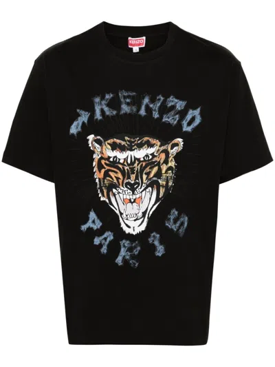 Kenzo Tiger Head Cotton T-shirt In Black