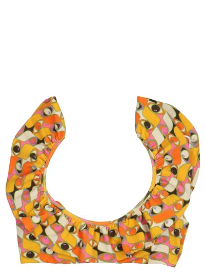 La Doublej Ruffled Printed Bikini Top In Multicolor