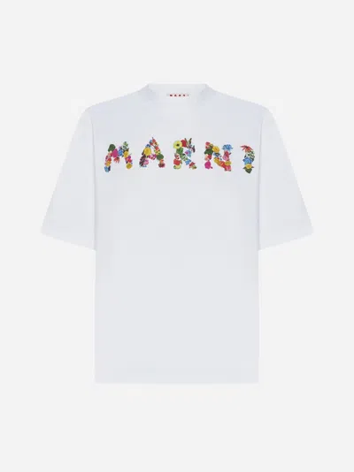 Marni Floral Logo-print Cotton T-shirt In White