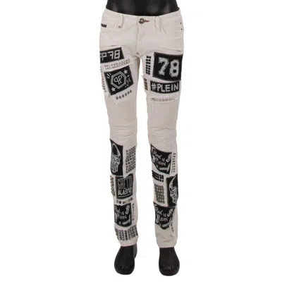 Pre-owned Philipp Plein Biker Punk Rock Stud Skull Skinny Jeans Trousers White 13587