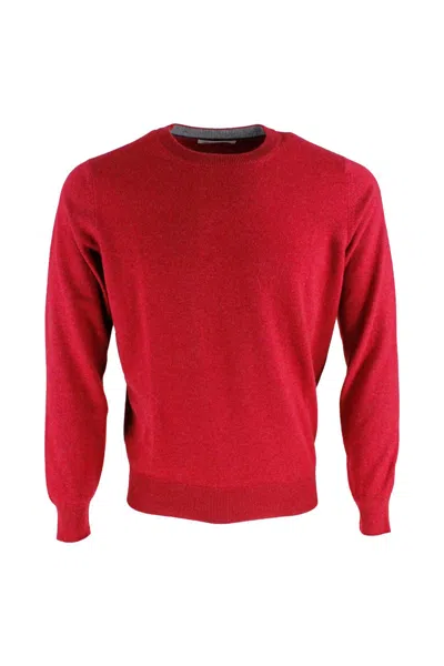Brunello Cucinelli Cashmere Crewneck Sweater With Contrasting Profile In Red
