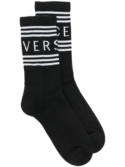 Versace Logo-print Ribbed Socks In Black White