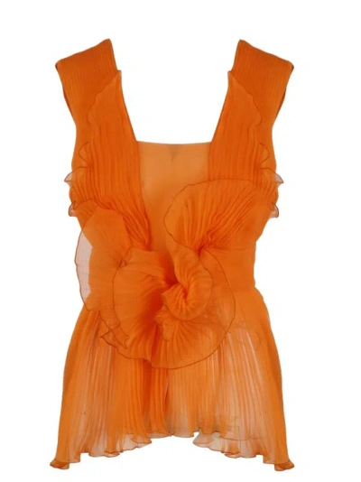 Alberta Ferretti Pleated Silk Top In Orange