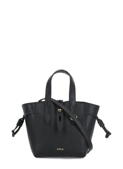 Furla Mini Net Leather Tote Bag In Black