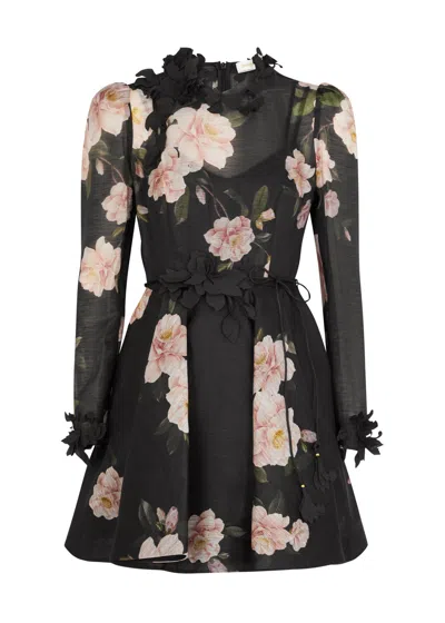 Zimmermann Natura Liftoff Flower Mini Dress In Black