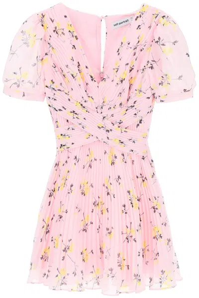 Self-portrait Short-sleeved Mini Dress In Pleated Chiffon With Floral Motif In Pink
