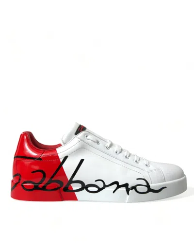 Dolce & Gabbana White Red Leather Low Top Trainers Shoes In White And Red